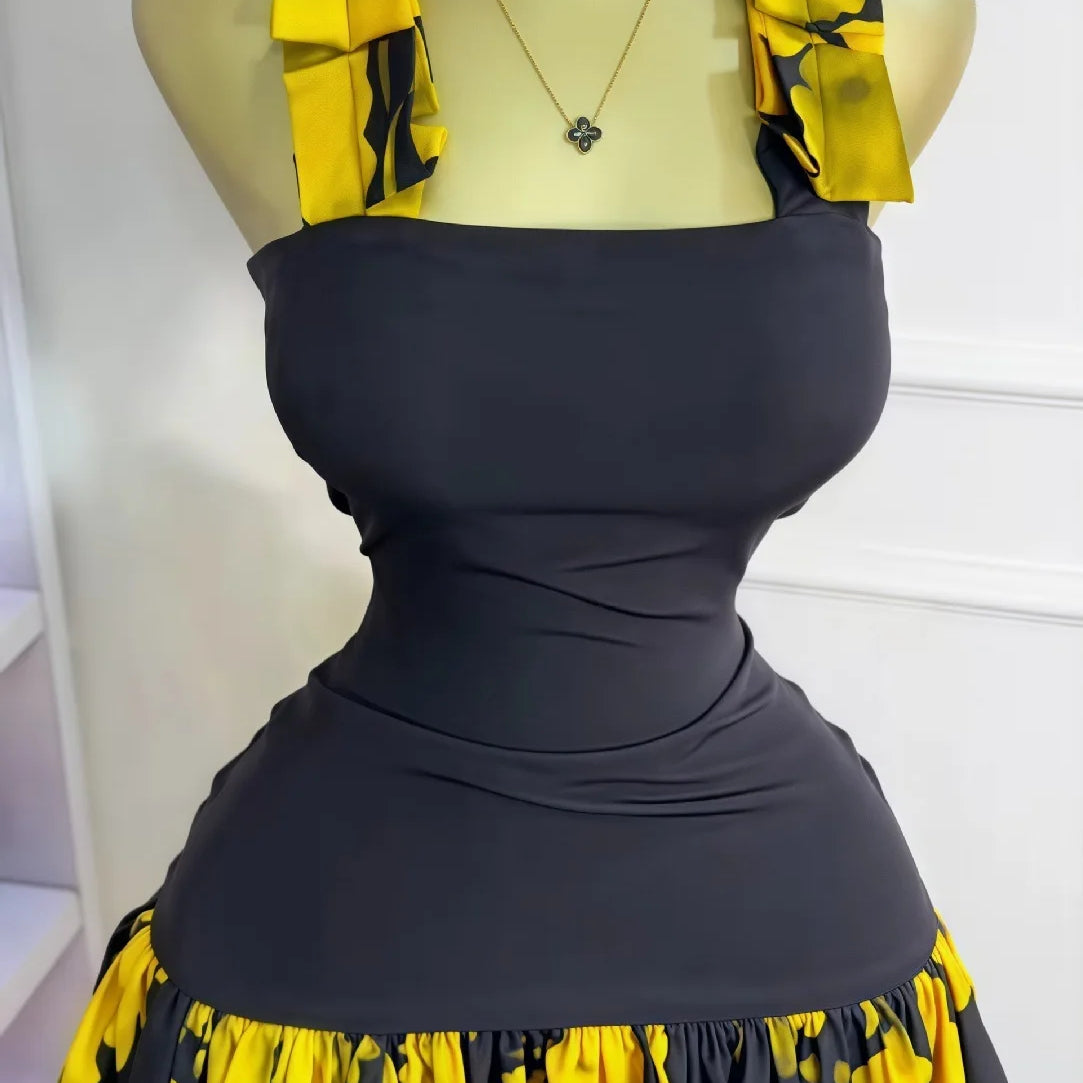 CM.YAYA Women Tie Dye Printed Patchwork Sleeveless Big Swing Bodycon Mid Mini Dress 2025 Vacation Sexy Party Evening Dresses