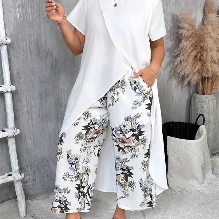 Wmstar Plus Size Two Piece Sets Women Wholesale Long Top and Print Wide Leg Summer Matching Suit Fashion Street Wear 2025