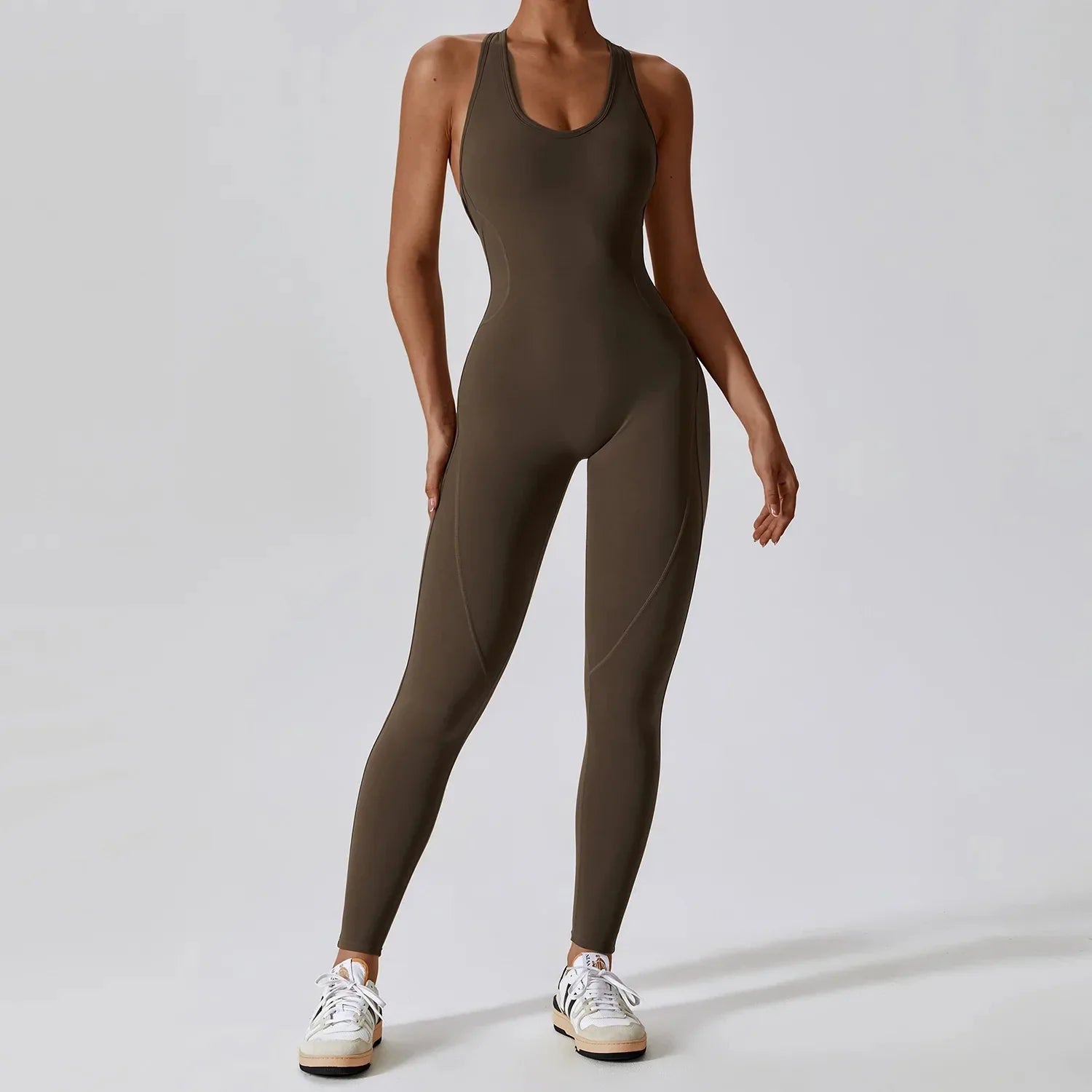 Gym Tracksuit Bodysuits for women Sexy Workout Set Fitness Bodysuit Siamese Sportswear Women Jumpsuit Soft One-piece Yoga Suits Jiaocha Coffee