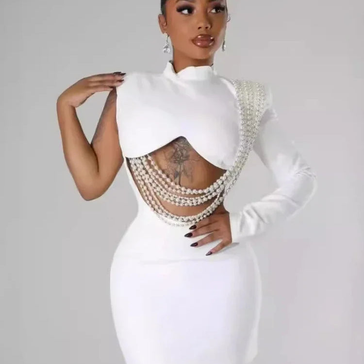 CM.YAYA Women Full Sleeve Elegant O-neck Mini Dress 2024 Summer Pearl String Sexy Street Night Club Party Vestidos Dresses