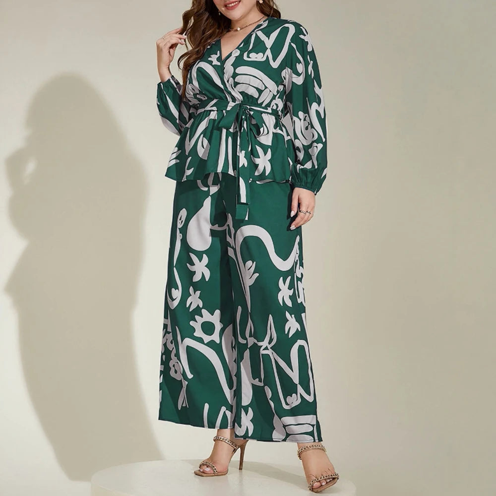 Plus Size Rafiah Women's Summer Sets 2025 Daily Long Sleeve V-Neck Top Full Length High Waist Pants Full Print Casual Sets