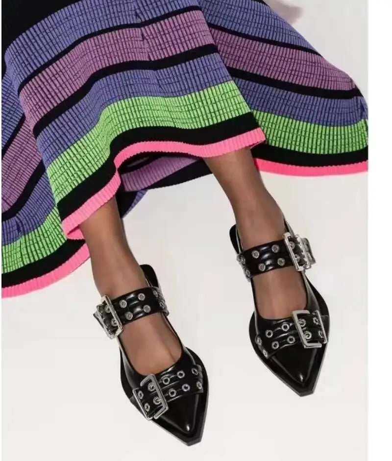 European and American Spring/Summer 2024 New Brand Rivet Sandals Low Heel Pointed Fashion Women Muller Shoes Black Big Size 42