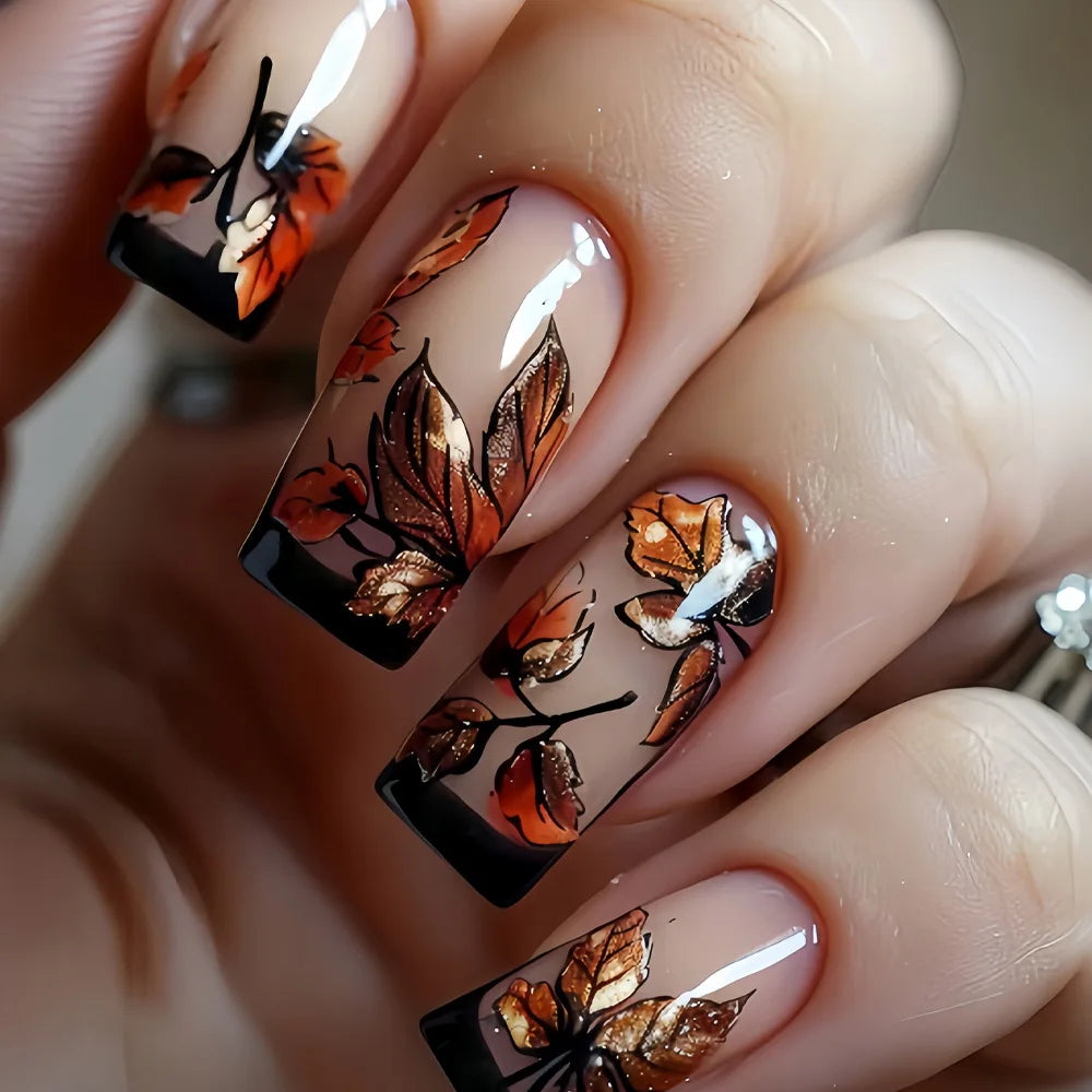 24Pcs Glossy Short Square Fall Fake Nails Full Cover Pumpkin Cute Ghost Flower Pattern Stick on Nails Halloween Nail Art Fashion