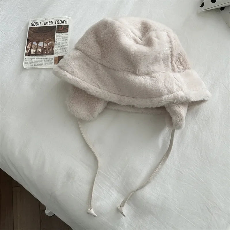 Korean New Ear Protection Bucket Hats for Women Autumn and Winter Travel Versatile Warm Retro Solid Color Plush Men's Caps beige 56-58cm