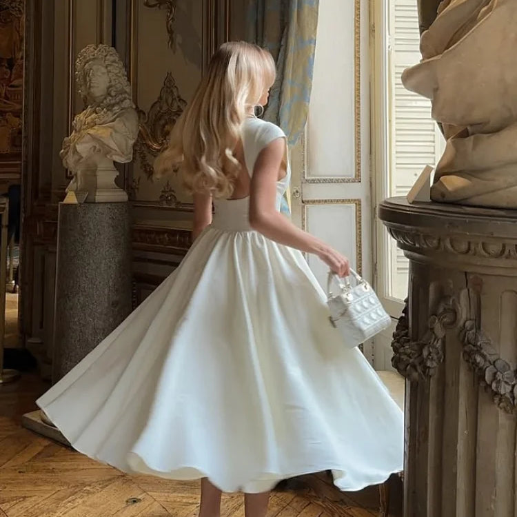 2025 Elegant White O Neck Pleated Hem Maxi Dress Women Fashion Open Back Solid A-line Dresses New Spring Summer Lady Party Robes