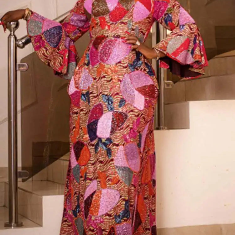 Plus Size 5XL Elegant Women Maxi Dress Autumn Long Flare Sleeve Casual Printed Elegant Long Shirt Sundress Party Vestidos Red