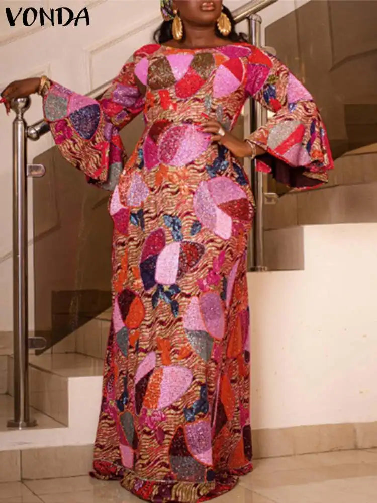 Plus Size 5XL Elegant Women Maxi Dress Autumn Long Flare Sleeve Casual Printed Elegant Long Shirt Sundress Party Vestidos Red