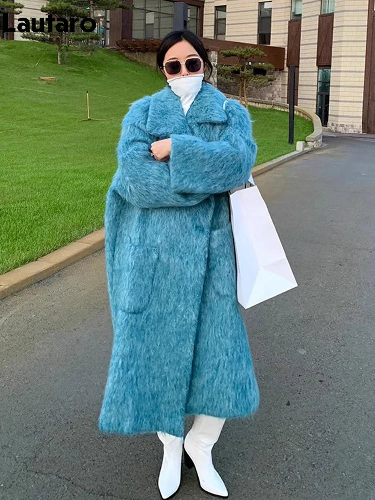 Winter Long Blue Fluffy Oversized Warm Wool & blends Coat for Women Single Button Pockets Luxury Clothes Woolen Overcoat