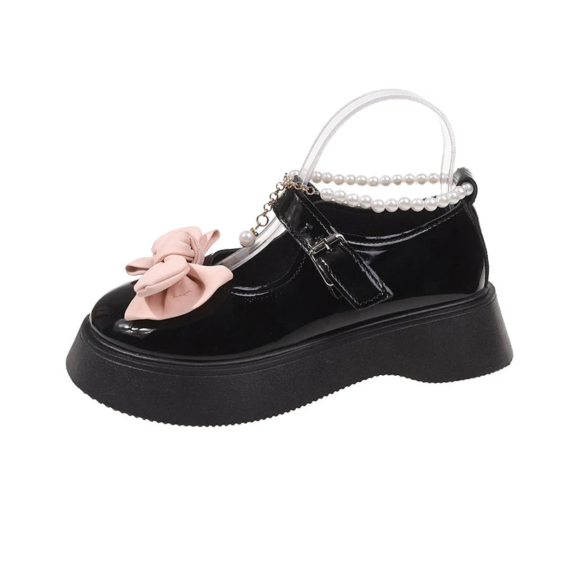 Autumn Girl Elegant Single Shoes Ribbon Bow Sweet Children Princess Shoes Fairy Kids Leather Shoe School Black Mary Janes black
