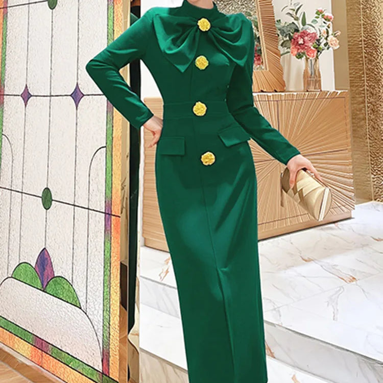 Runway Autumn Midi Dresses for Women Elegant Black Green Vestidos Long Sleeve Straight Party Robe Femme Plus Size XXL