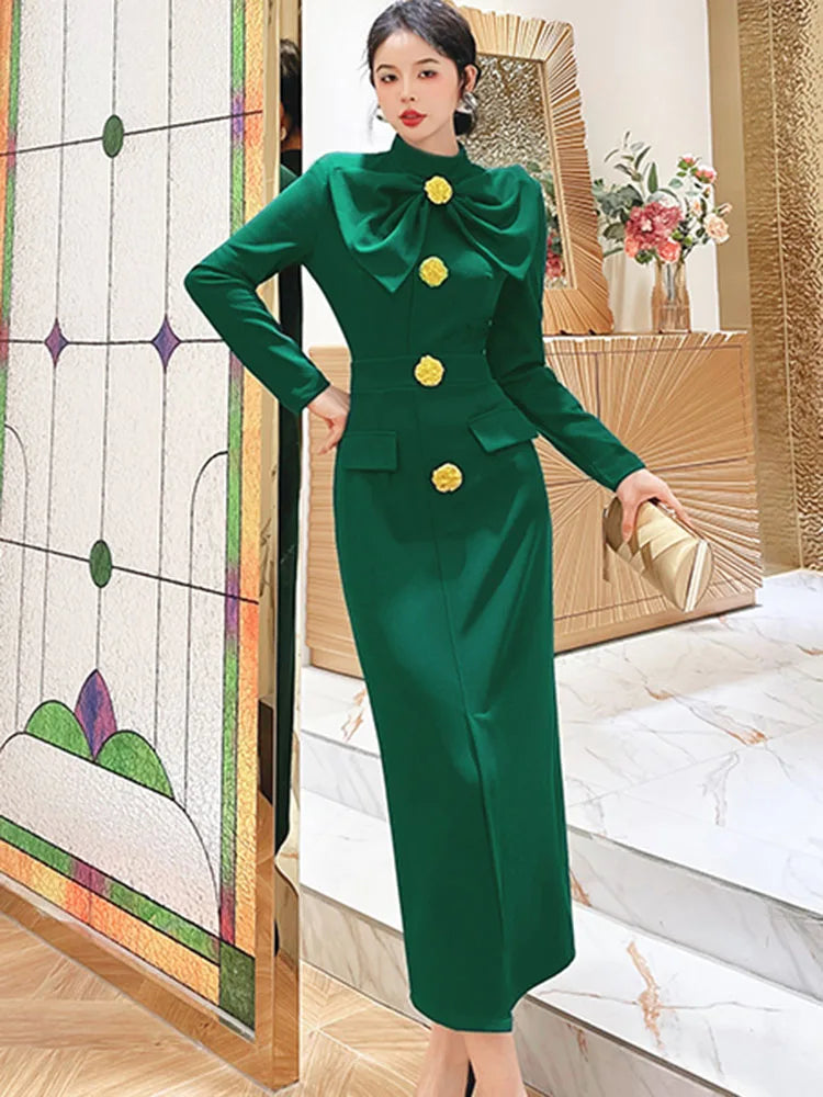 Runway Autumn Midi Dresses for Women Elegant Black Green Vestidos Long Sleeve Straight Party Robe Femme Plus Size XXL