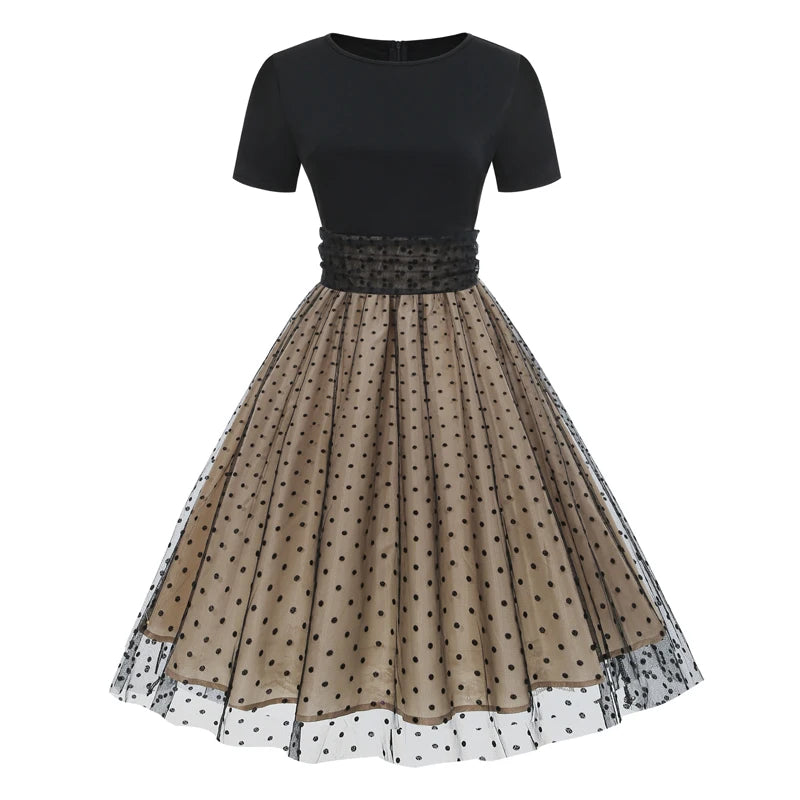 Tonval Round Neck Ruched High Waist Vintage Dot Mesh Overlay Pleated Dress Women Short Sleeve Evening Elegant Party Midi Dresses black