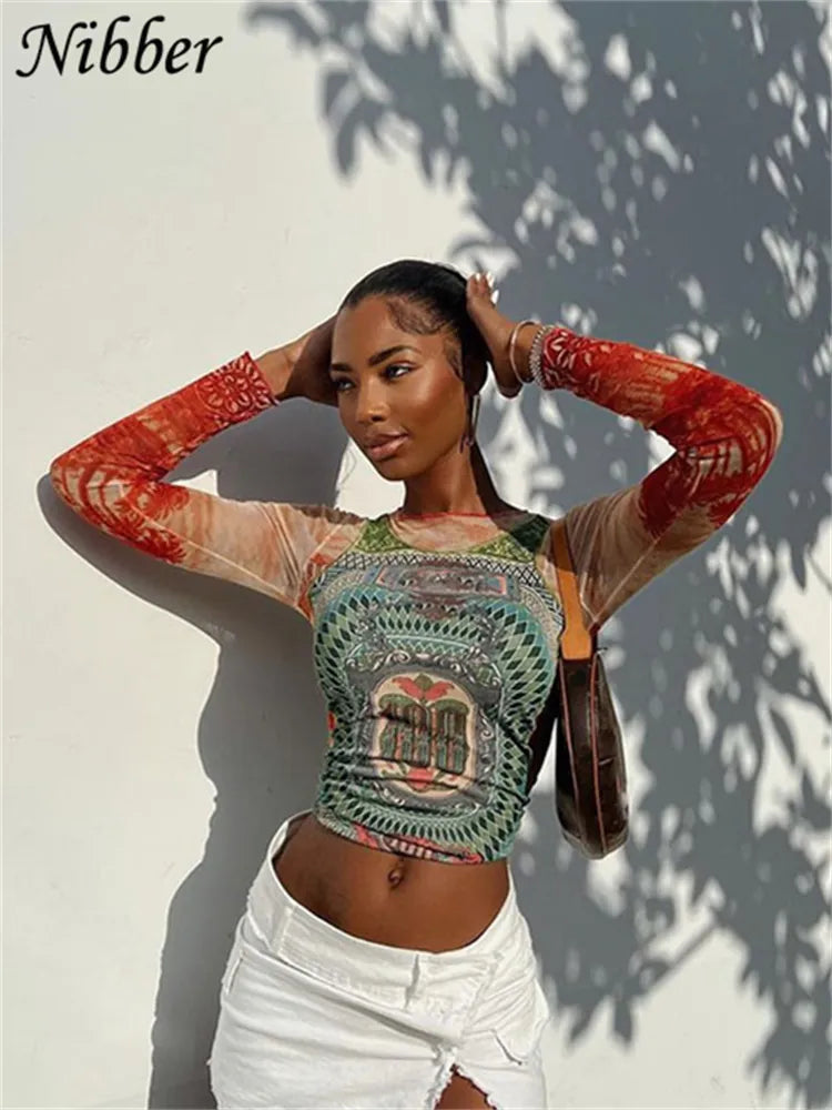 Autumn Art Print T-shirt Women's Wear Long-sleeved O-Neck Short Section Navel Slim Fit Top Female Street Comfort Clothing Red