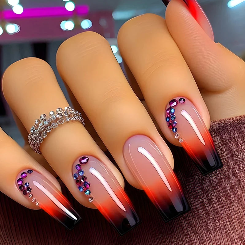 24pcs/set medium long fake nails for women starry star moon planet gradient glitter design almond ballet tip press on false nail