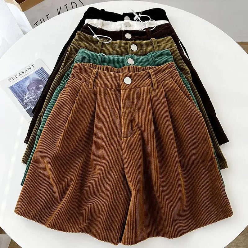 2023 Autumn/Winter Oversized Fat mm Corduroy Shorts Women's High Waist Outwear Slim A-line Casual Wide Leg Trousers