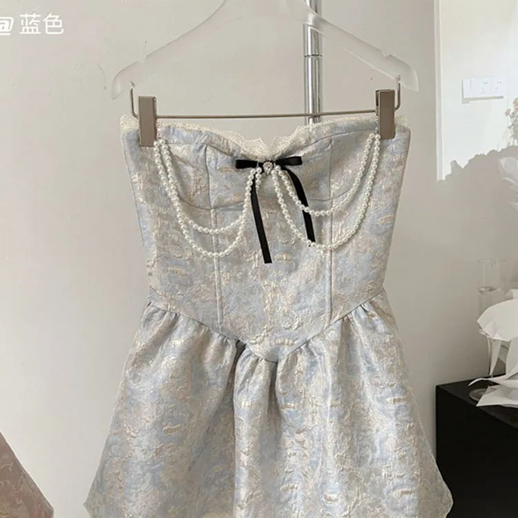 French Elegance Lolita Dress Fashion Sweet Luxury Prom Gown Pearl Chain Party Prom Sleeveless Robe 2000s Aesthetic New Design Blue