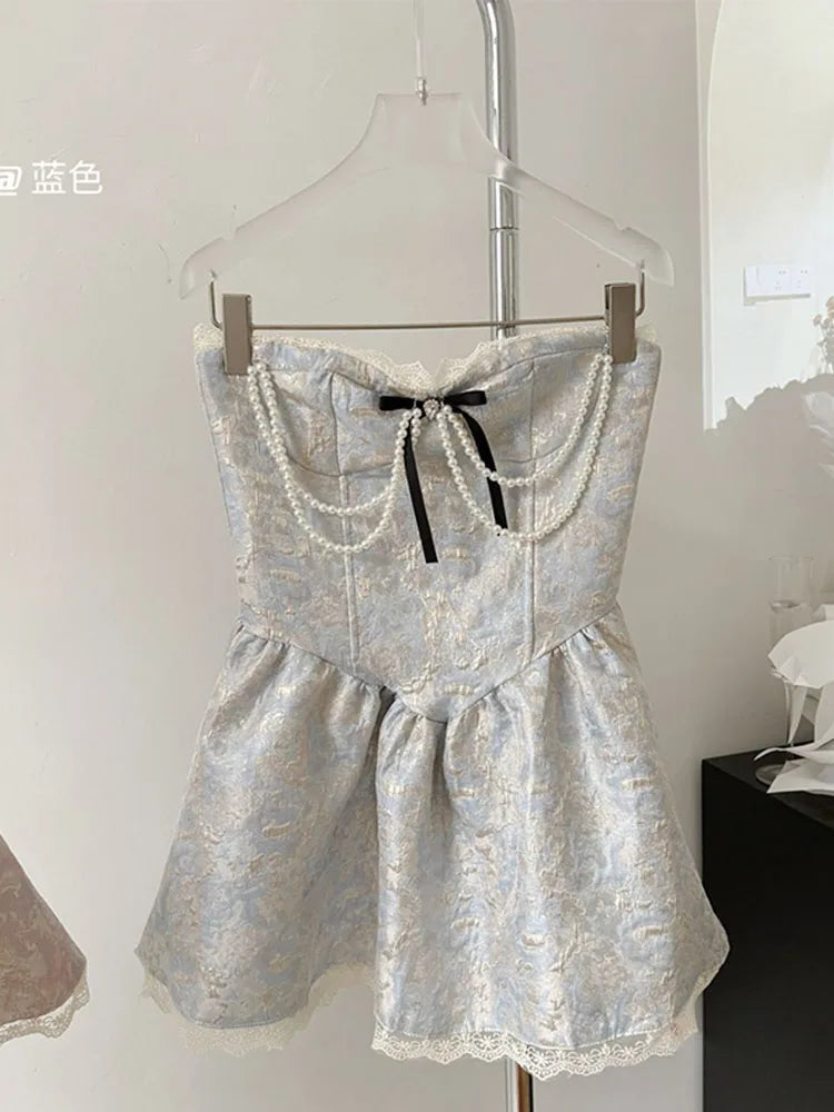 French Elegance Lolita Dress Fashion Sweet Luxury Prom Gown Pearl Chain Party Prom Sleeveless Robe 2000s Aesthetic New Design Blue