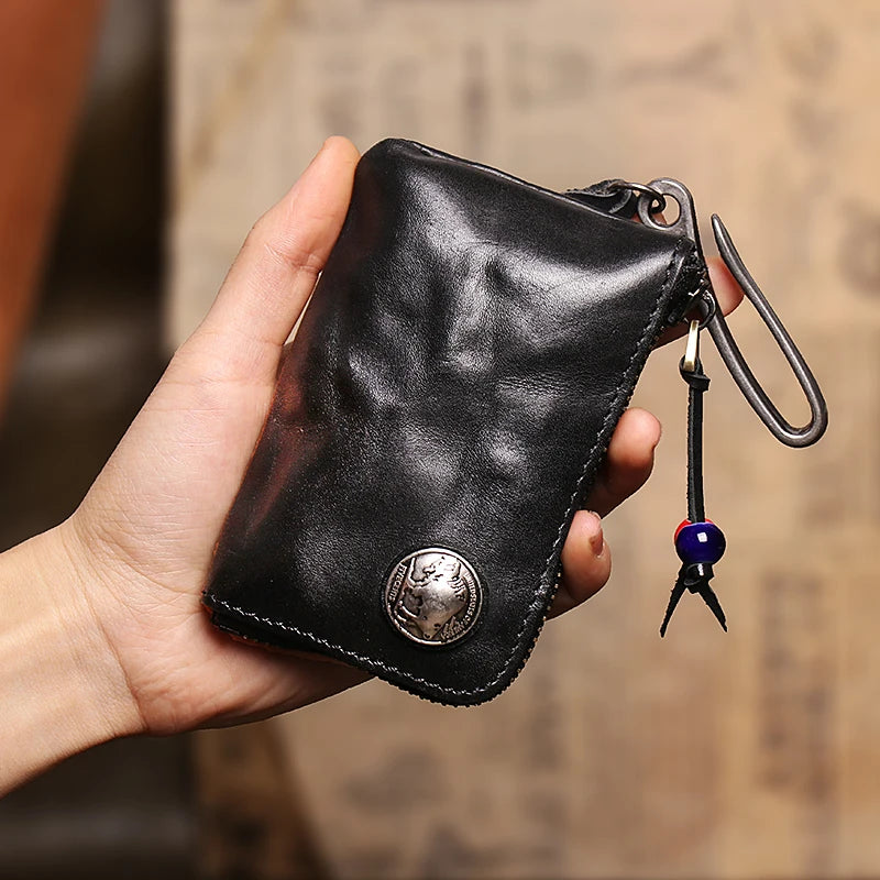 First Layer Leather Key Wallet for Men Short Vintage Handmade Car Key Holder Coin Purese Card Case Bag Organizer Housekeeper Black