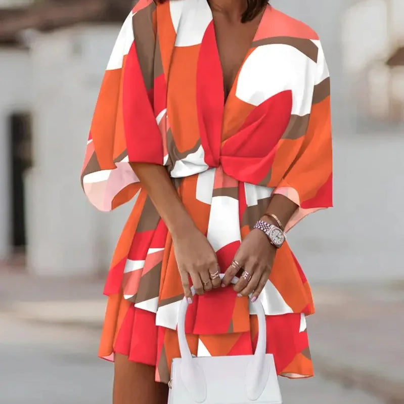 Women Bat Short Sleeve Dresses Summer Boho Floral Print High Waist Ruffle Vestido 2023 Holiday Party Sexy V Neck Robe Dresses