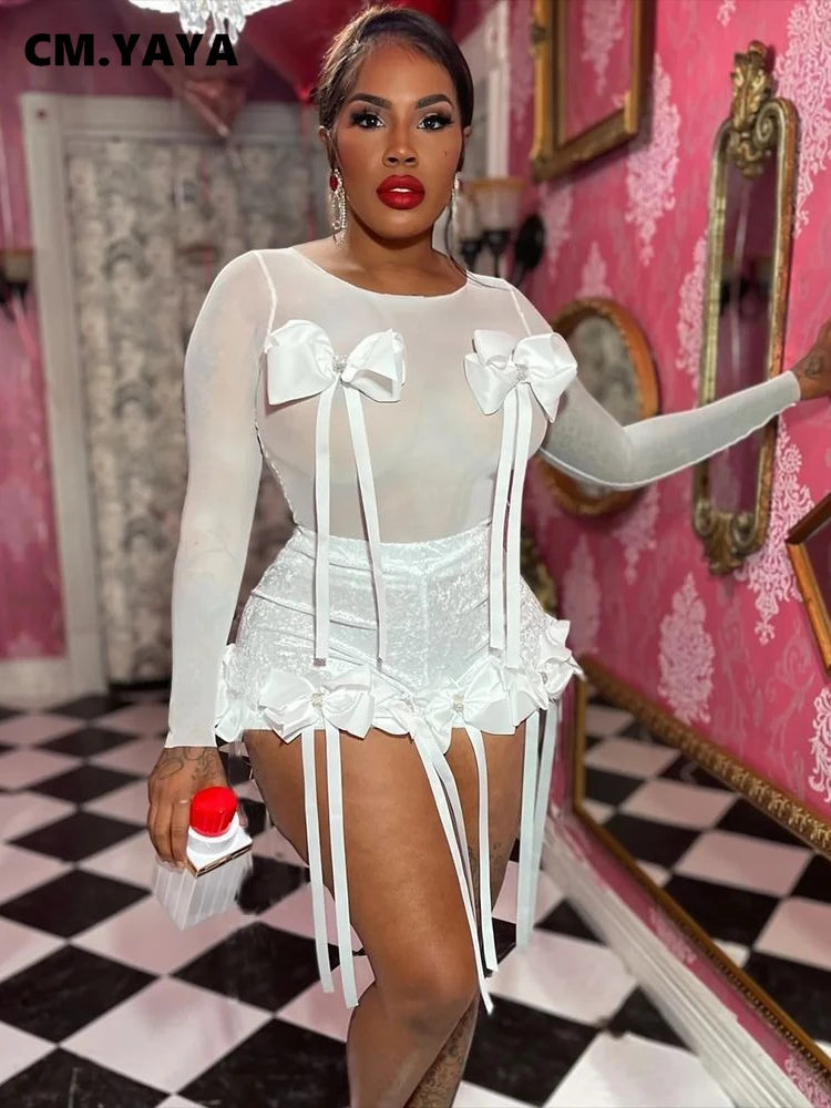 CM.YAYA Women's Set Bow O-Neck Mesh Long Sleeve Tops + Velvet Shorts Suits Streetwear Sexy Two 2 Piece Outfits Tracksuits Summer