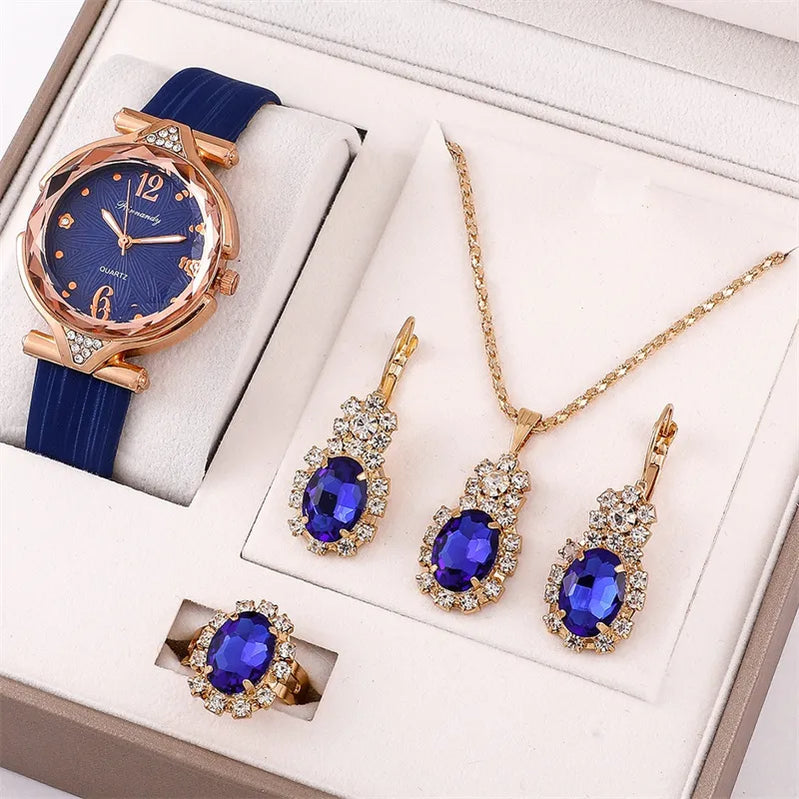 مجموعة 5 قطع أزياء النساء الساعات الفاخرة الجميلة السيدات ساعة اليد قلادة الإناث حلقة القرط هدية جلدية كوارتز ساعة reloj mujer