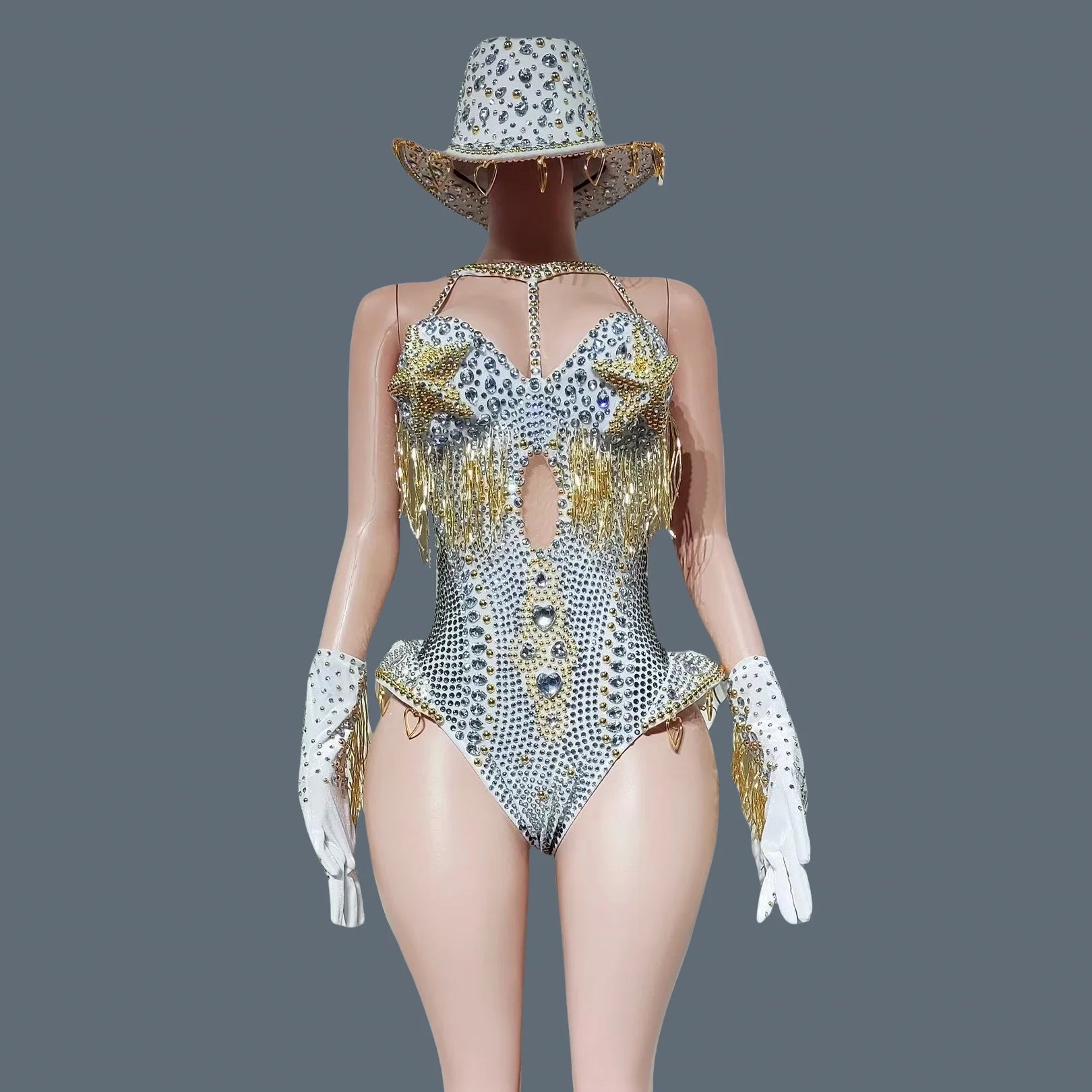 Sparkly Rhinestone Tassel Luxury Bodysuit 4Piece Set Cowboy Night Out Party Outfit Stage Show Jumpsuit Carnival Wear Hongding