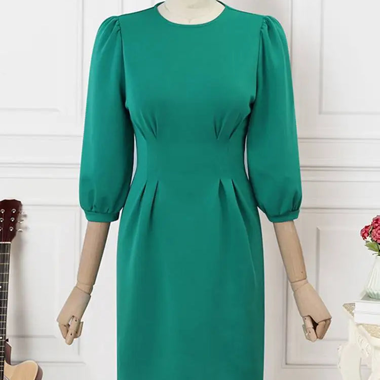 Solid Women Autumn Dress Lantern Sleeve Knee-length Female Vestidos Elegant Evening Robe Fashion Party Sexy Sundress