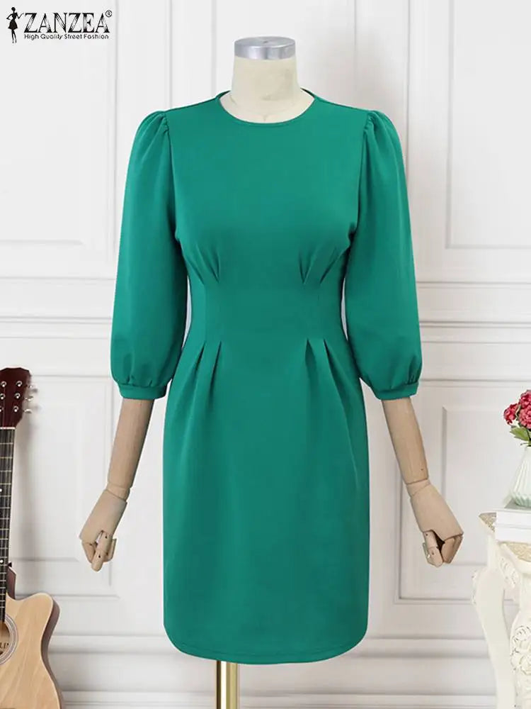 Solid Women Autumn Dress Lantern Sleeve Knee-length Female Vestidos Elegant Evening Robe Fashion Party Sexy Sundress