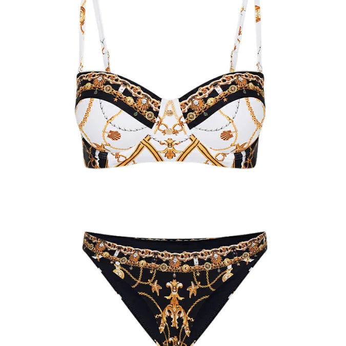 Courtl Vintage Gold Print One-piece Bikini Swimwear Costume Sexy Fashion Slim Fit Swimsuit With Long Trousers Beach Holiday 2024 Beige