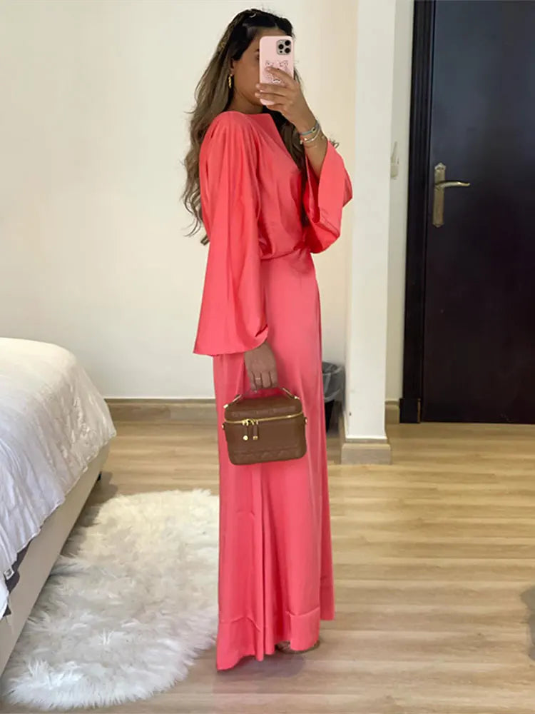 Solid Satin Batwing Sleeve Pleated Maxi Dress Women Fashion Long Sleeve O-neck High Waist Vestidos Lady Casual Loose Robes