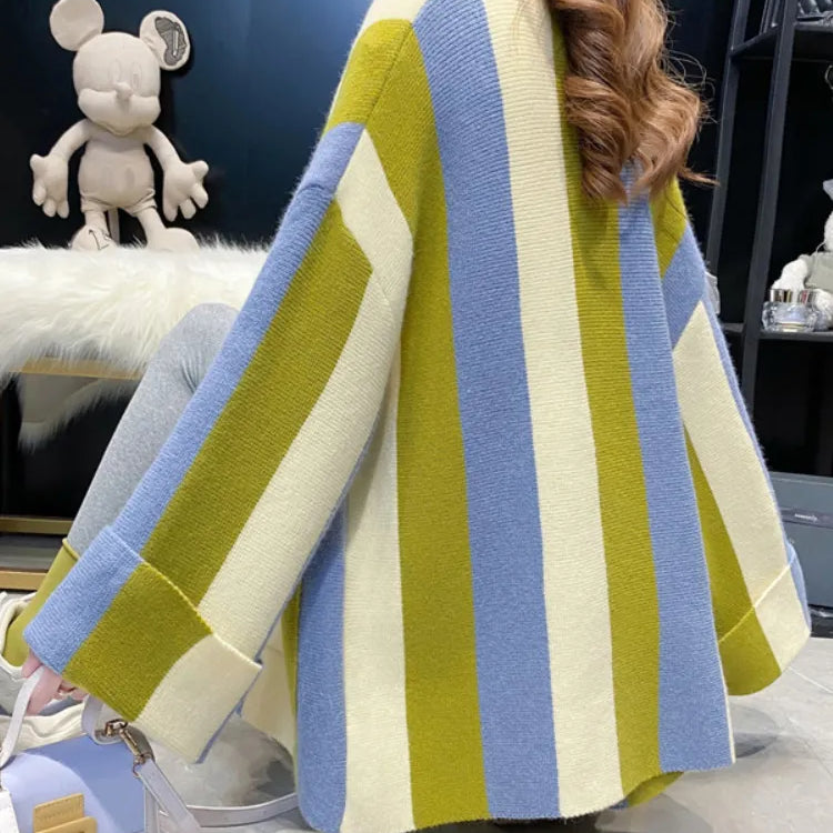 Cardigan Women 2024 Autumn Winter Loose Sweater Coat Stripe Color Matching Knitted Cardigan Long Sleeve Tops Women's Clothing