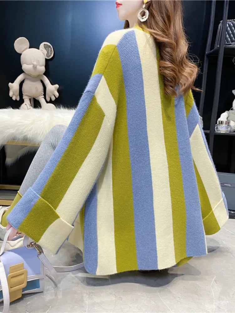 Cardigan Women 2024 Autumn Winter Loose Sweater Coat Stripe Color Matching Knitted Cardigan Long Sleeve Tops Women's Clothing