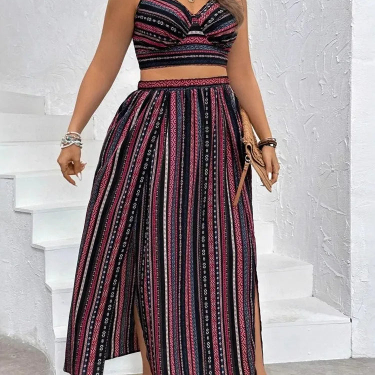 Plus Size Summer Striped Print 2 Two Piece Set Women Sexy Slim Ladies Cropped Sleeveless Slip Tops Split Loose Modis Woman Skirt