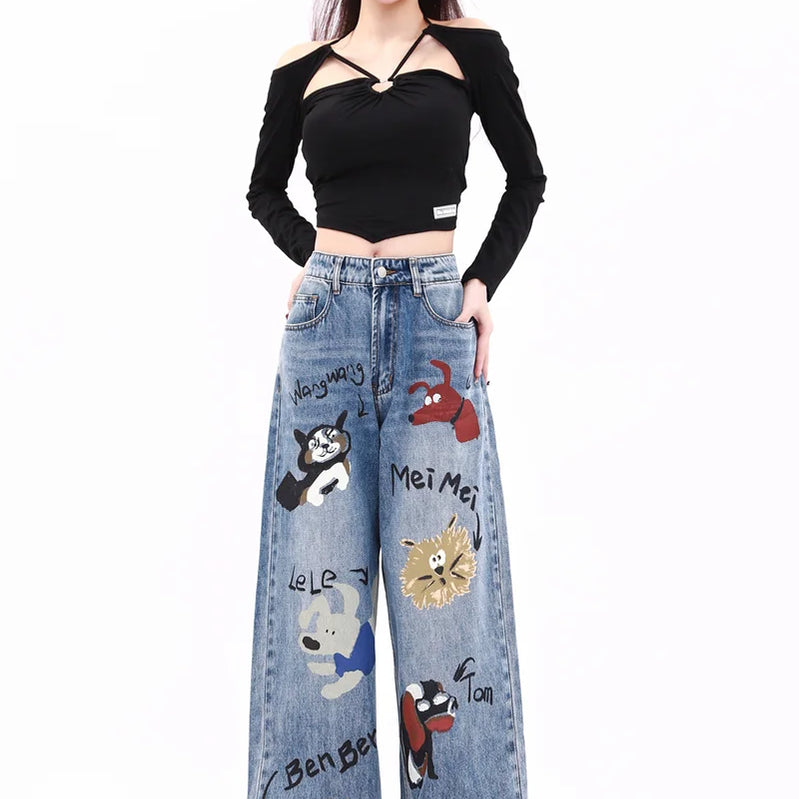 Outono inverno novo jeans baggy mulher americana high street tubo reto calças de brim femininas impressão dos desenhos animados calças femininas cintura alta 