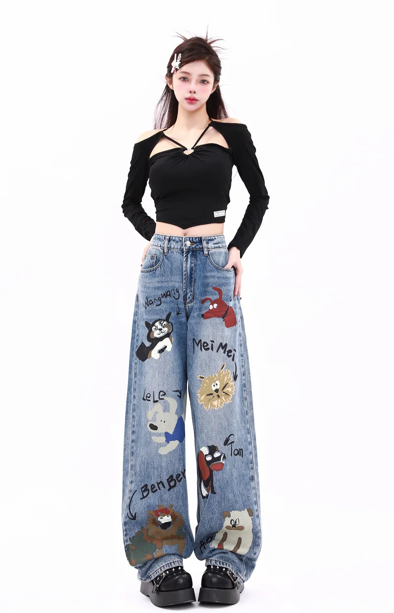 Autumn Winter New Baggy Jeans Woman American High Street Straight Tube Women's Jeans Cartoon Print Women Pants High Waist