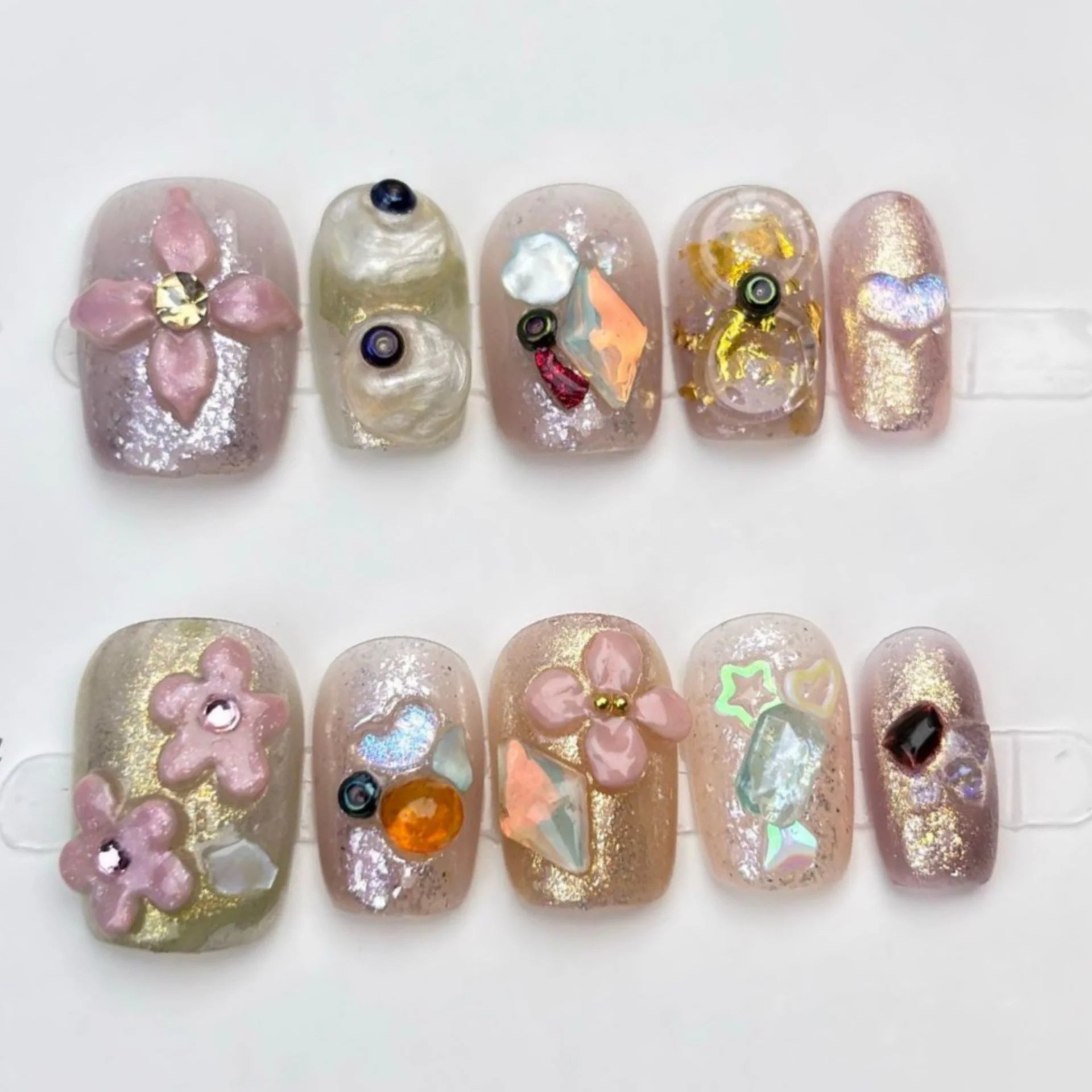 10pcs Short Square Round Handmade False Nails Art Aurora Dopamine Full Cover Nail Tip Reusable Flower Design Press on Fake Nails