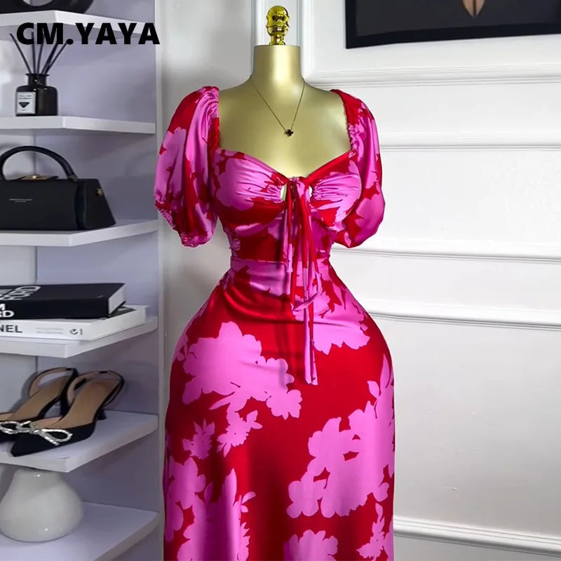 CM.YAYA Women Floral Printed Lantern Half Sleeve Tie Up Long Maxi Dress 2025 Birthday Evening Sexy club Party Dresses Vestidos
