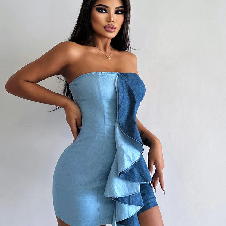 WannaThis Ruffle Faux Denim Strapless Dress Women Elegant Sleeveless Wrap Hip Mini Dresses Summer Backless Bodycon Party Dress