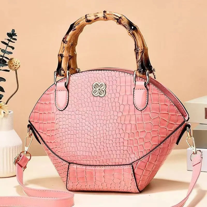 Crocodile Pattern Creative Shell Shaped Shoulder Bags Retro Bamboo Joint Handle Handbag Women Office Crossbody Bag Pink