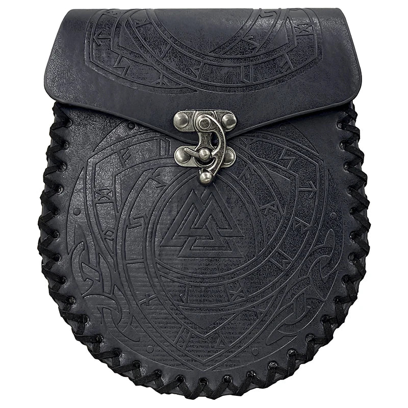 Leather Medieval Waist Pack, Vintage Handwork Belt Pouch Waist Bag Leather Belt Pouch Medieval Pouch Nordic Embossed Bag black4