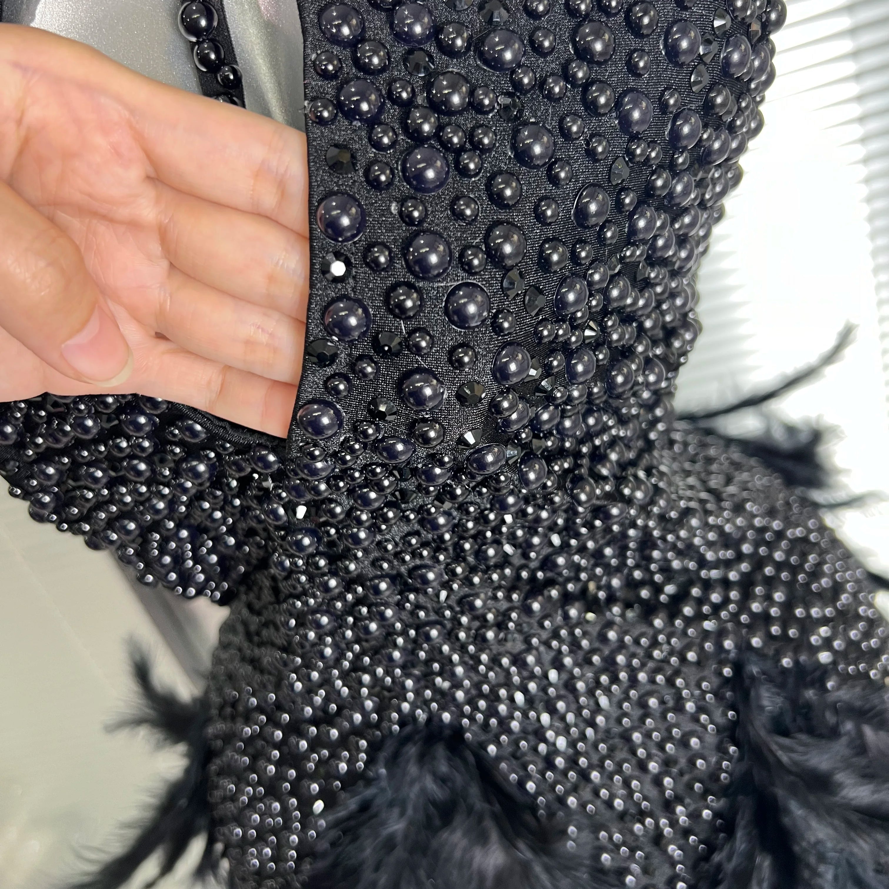 INS New Women Sexy Backless Feathers Performance Costume Stage Dancer Black Mini High Stretchy Night Club Party Dress