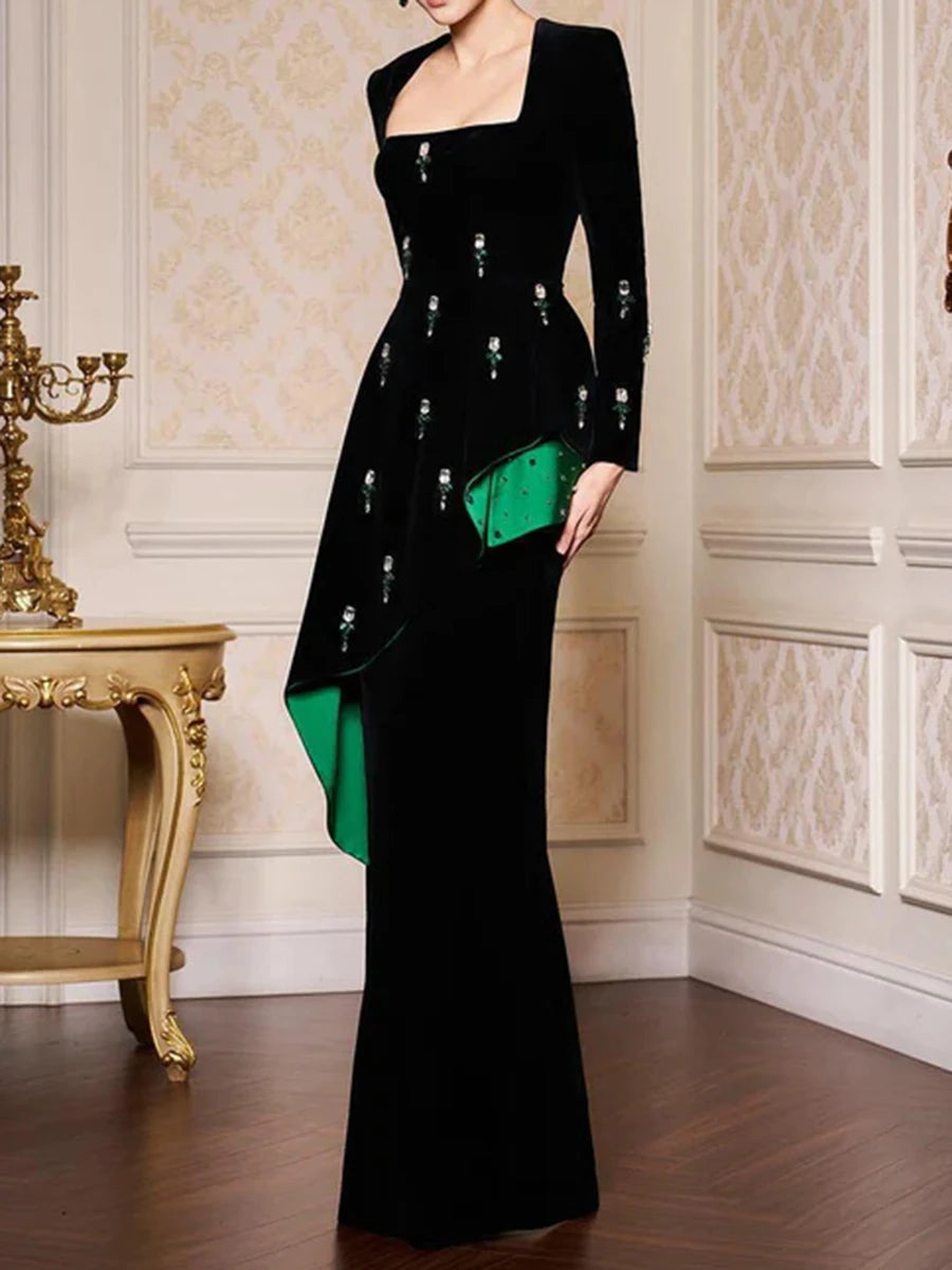 TWOTWINSTYLE Colorblock Spliced Bead Luxurious Two Piece Sets for Women Square Neck Long Sleeves Top High Waist Skirt Set Female