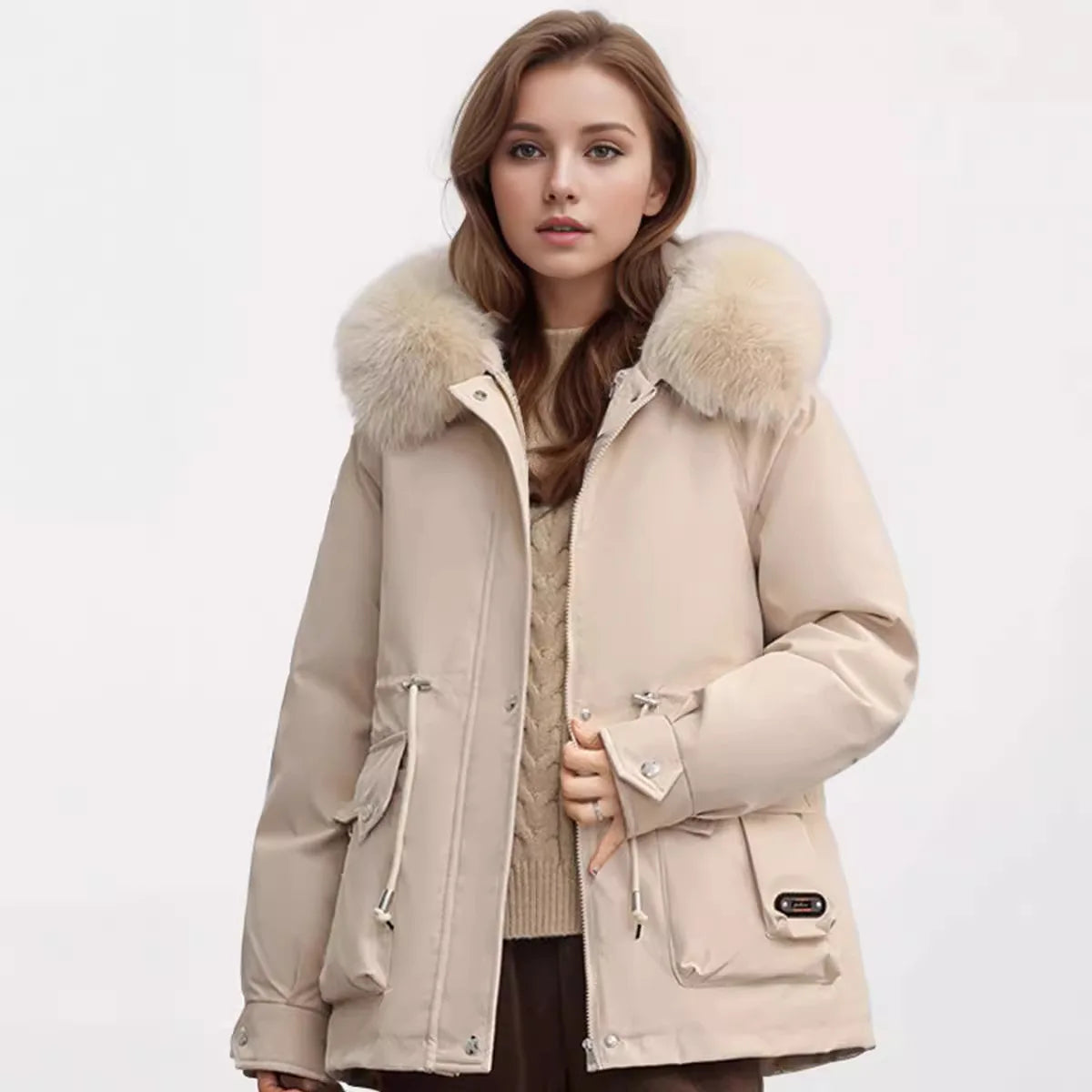 Winter Women's Jacket Fur Collar Thicken Warm Casual Cotton Jacket Female 2 Pocket Drawstring Waist Cinching Parka Jacket Beige
