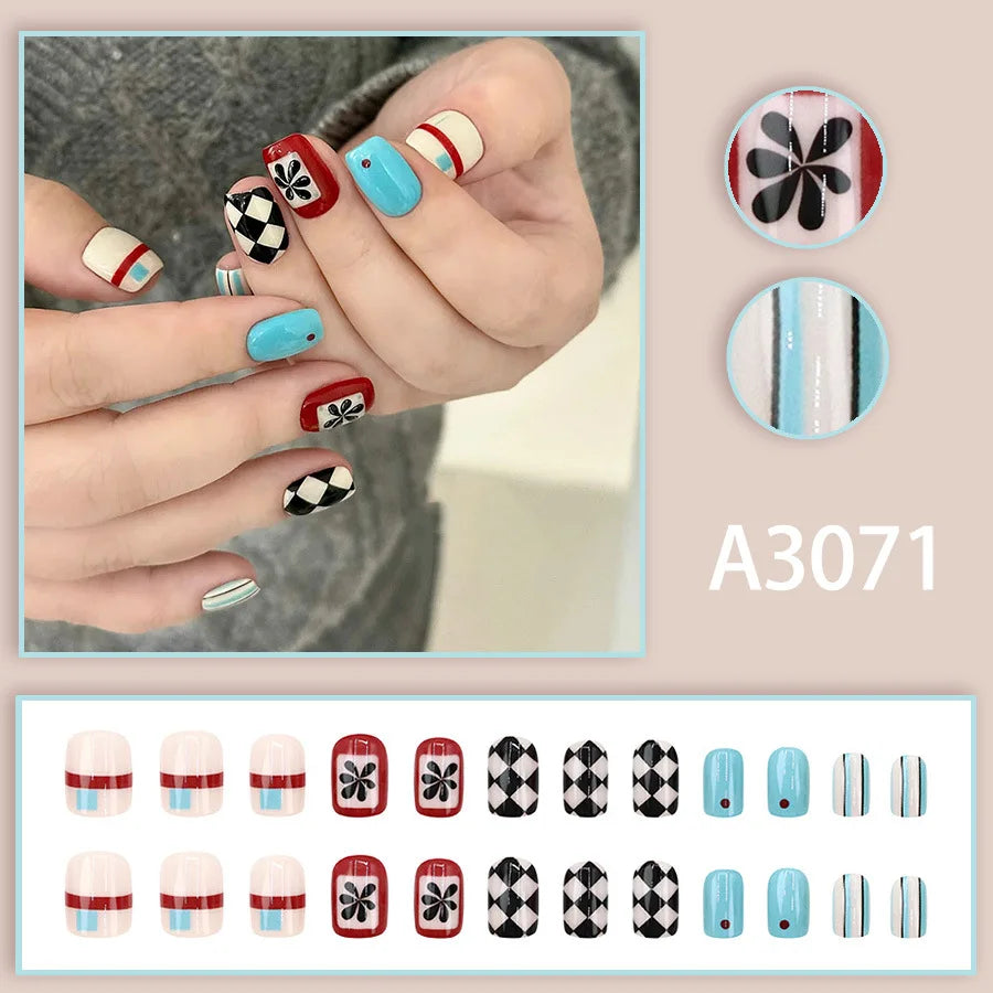 24pcs Almond Press on Nails Color Block Checkerboard Diamond Pattern Fake Nail for Women&Girl Removable Wearable Nail Sticker