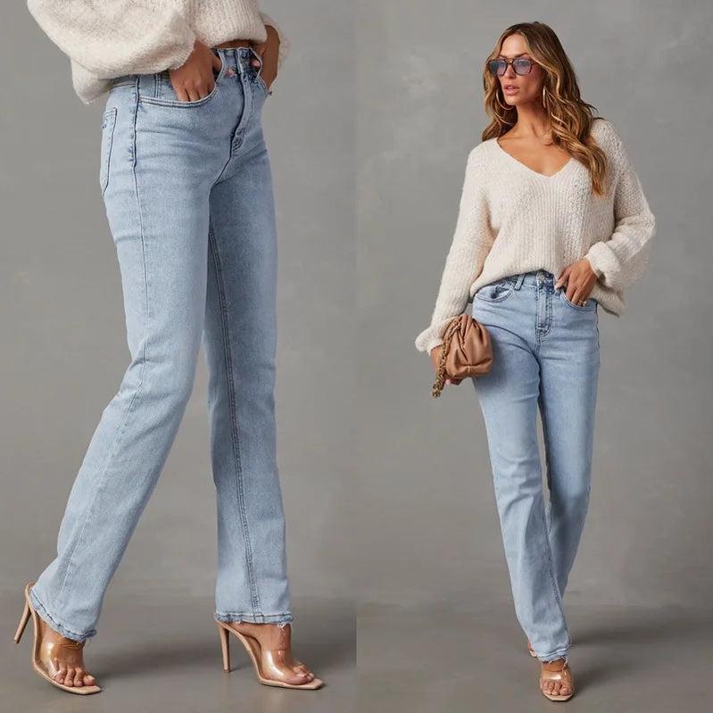 Calça jeans reta azul feminina, calça jeans feminina cintura alta vintage com bolsos 