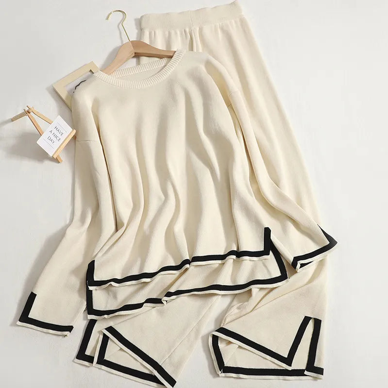 Autumn Winter O-neck Long Sleeve Side Slit Pullover Sweater+high Waist Wide Leg Pants Two Piece Set Women Casual Tracksuit