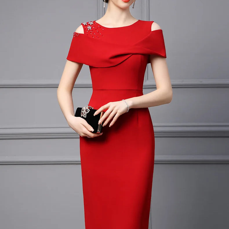 Beading Diamond Red Party Dresses for Women Elegant Luxury Evening Prom Vestidos Robe Summer Cocktail Off The Shoulder