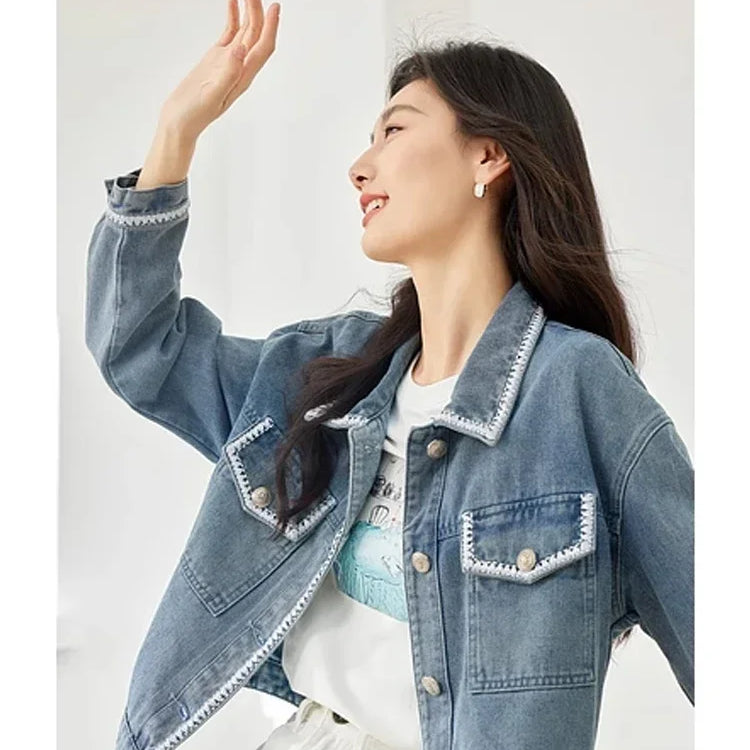 Vintage Lapel Long Sleeve Jean Jacket for Women Autumn Casual Straight Loose Denim Jackets Fall Female Clothing