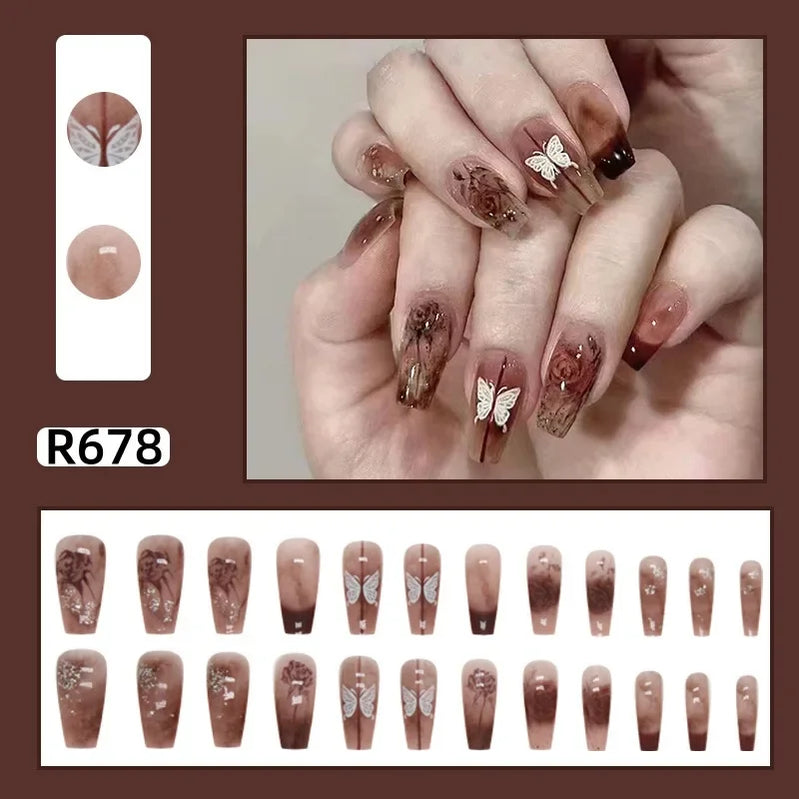 24Pcs/set French Gold Border Nail Elegant&Trendy Wearable Nails for Women Girl New Edition Removable Nail