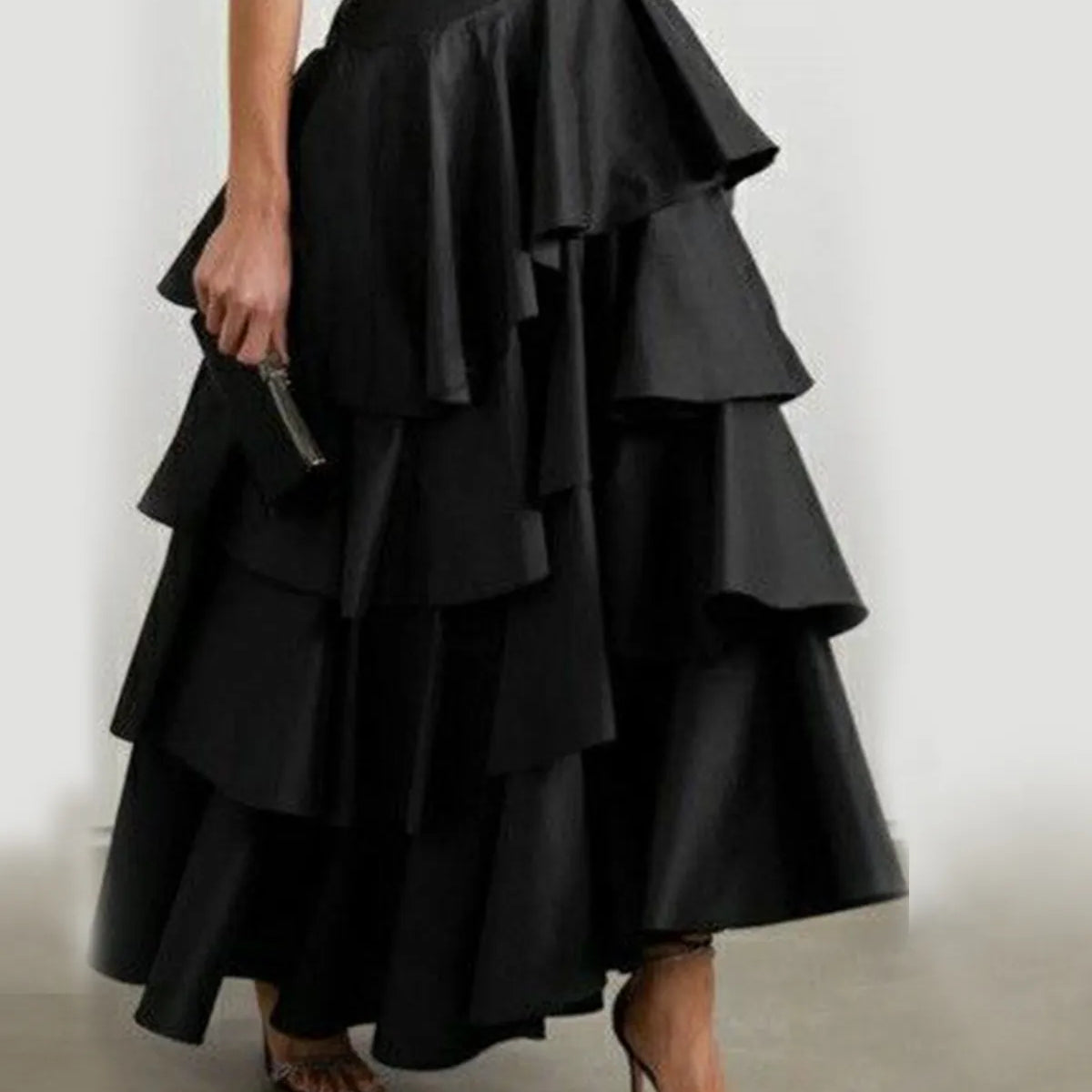 Women's High Waist Layered Ruffle Maxi Cake Skirt Elegant Party Wedding Guest Y2K Solid Vintage Black Solid A Line Skirts Black